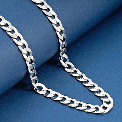 Italian 7mm Flat Curb Chain Necklace in Rhodium Over Sterling Silver 29.5 Grams 24 Inches
