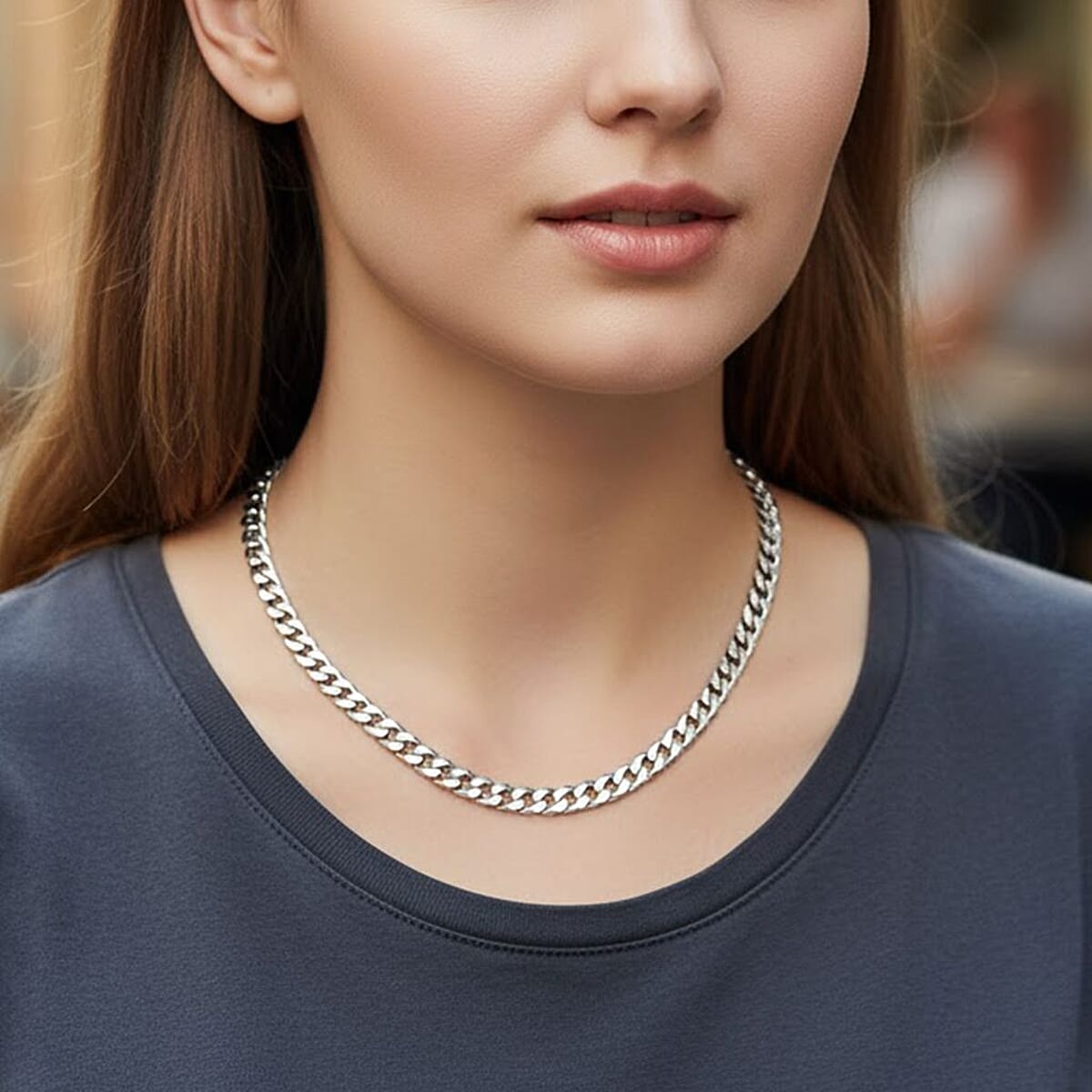 Italian 7mm Flat Curb Chain Necklace in Rhodium Over Sterling Silver 29.5 Grams 24 Inches image number 2