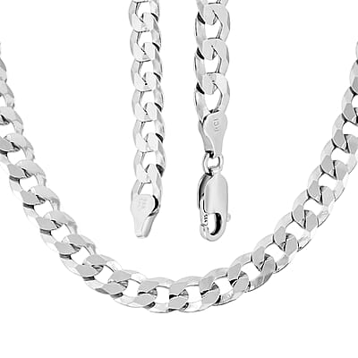 Italian 7mm Flat Curb Chain Necklace in Rhodium Over Sterling Silver 29.5 Grams 24 Inches
