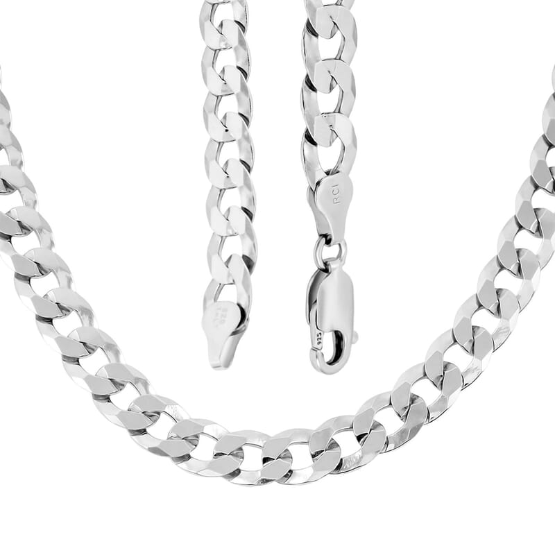 Italian 7mm Flat Curb Chain Necklace in Rhodium Over Sterling Silver 29.5 Grams 24 Inches
