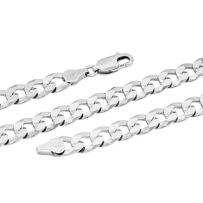 Italian 7mm Flat Curb Chain Necklace in Rhodium Over Sterling Silver 29.5 Grams 24 Inches