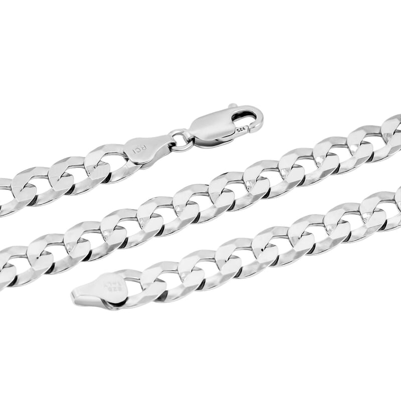 Italian 7mm Flat Curb Chain Necklace in Rhodium Over Sterling Silver 29.5 Grams 24 Inches