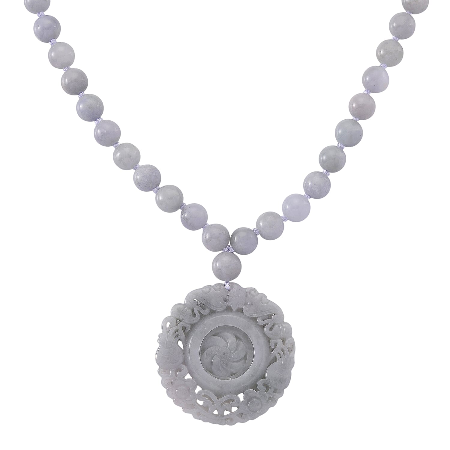 D'Joy Natural Jade 520.00 ctw Carved Flower Pendant with Beaded Necklace in Rhodium Over Sterling Silver (20 Inches)