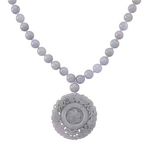 D'Joy Natural Jade 520.00 ctw Carved Flower Pendant with Beaded Necklace in Rhodium Over Sterling Silver (20 Inches)