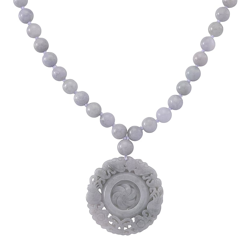 D'Joy Natural Jade 520.00 ctw Carved Flower Pendant with Beaded Necklace in Rhodium Over Sterling Silver (20 Inches)