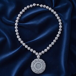 D'Joy Natural Jade 520.00 ctw Carved Flower Pendant with Beaded Necklace in Rhodium Over Sterling Silver (20 Inches)