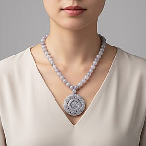 D'Joy Natural Jade 520.00 ctw Carved Flower Pendant with Beaded Necklace in Rhodium Over Sterling Silver (20 Inches)
