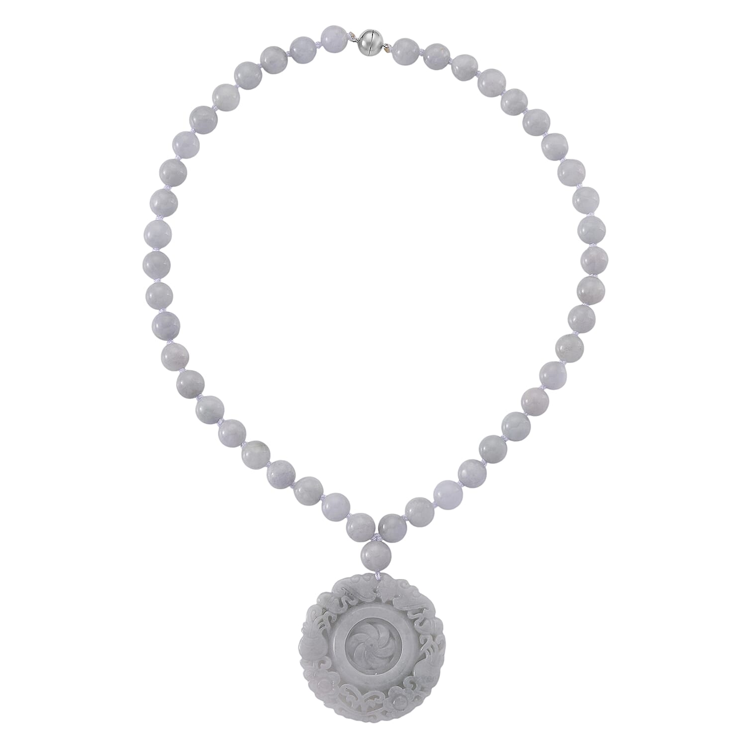 D'Joy Natural Jade 520.00 ctw Carved Flower Pendant with Beaded Necklace in Rhodium Over Sterling Silver (20 Inches)