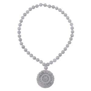 D'Joy Natural Jade 520.00 ctw Carved Flower Pendant with Beaded Necklace in Rhodium Over Sterling Silver (20 Inches)