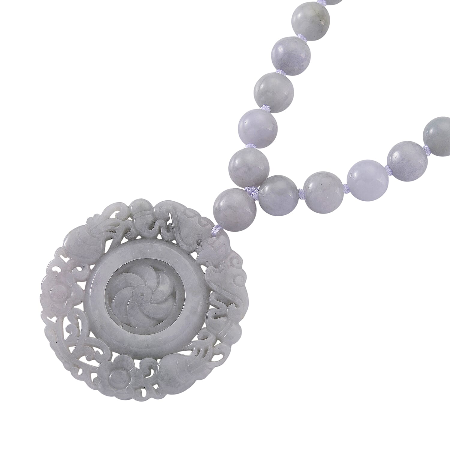 D'Joy Natural Jade 520.00 ctw Carved Flower Pendant with Beaded Necklace in Rhodium Over Sterling Silver (20 Inches)