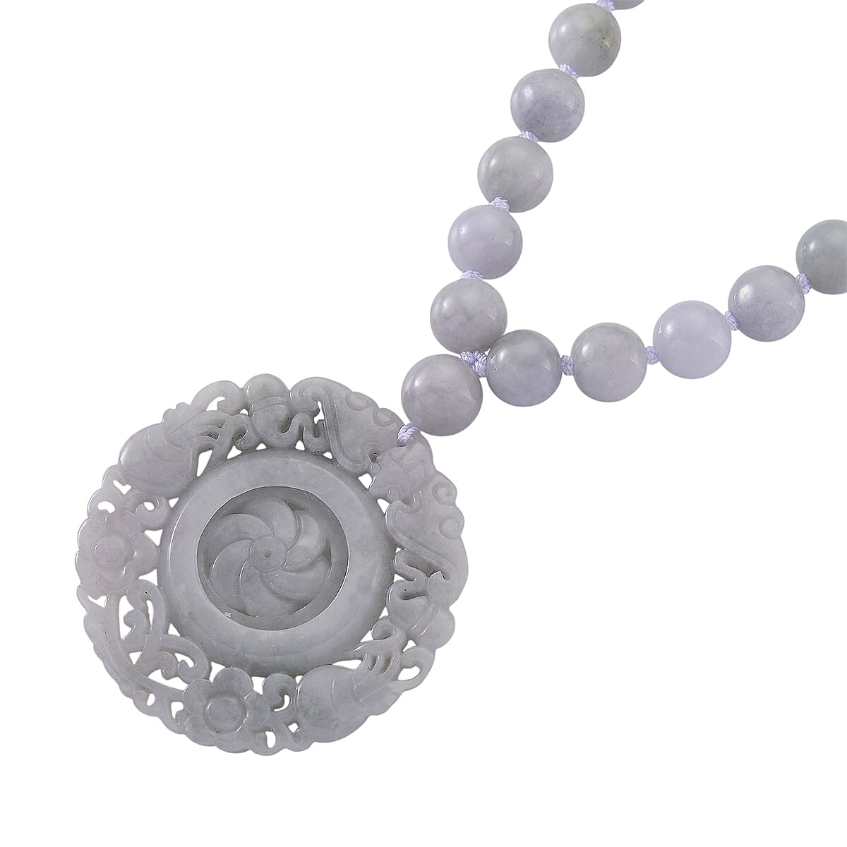 D'Joy Natural Jade 520.00 ctw Carved Flower Pendant with Beaded Necklace in Rhodium Over Sterling Silver (20 Inches) image number 4