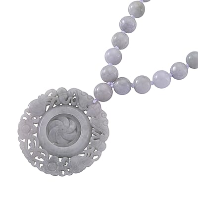 D'Joy Natural Jade 520.00 ctw Carved Flower Pendant with Beaded Necklace in Rhodium Over Sterling Silver (20 Inches)