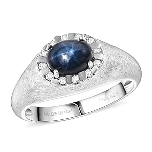 Doorbuster D'Joy Premium Blue Star Sapphire (DF) and Moissanite 2.60 ctw Men's Ring in Rhodium Over Sterling Silver (Size 10.0)