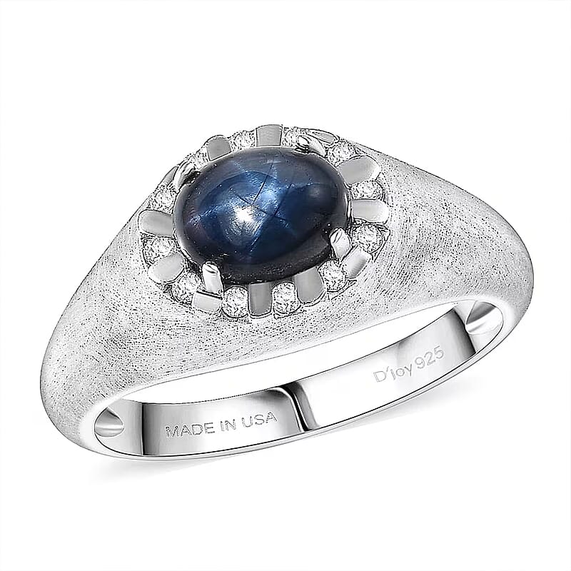 D'Joy Premium Blue Star Sapphire (DF) and Moissanite 2.60 ctw Men's Ring in Rhodium Over Sterling Silver (Size 10.0)