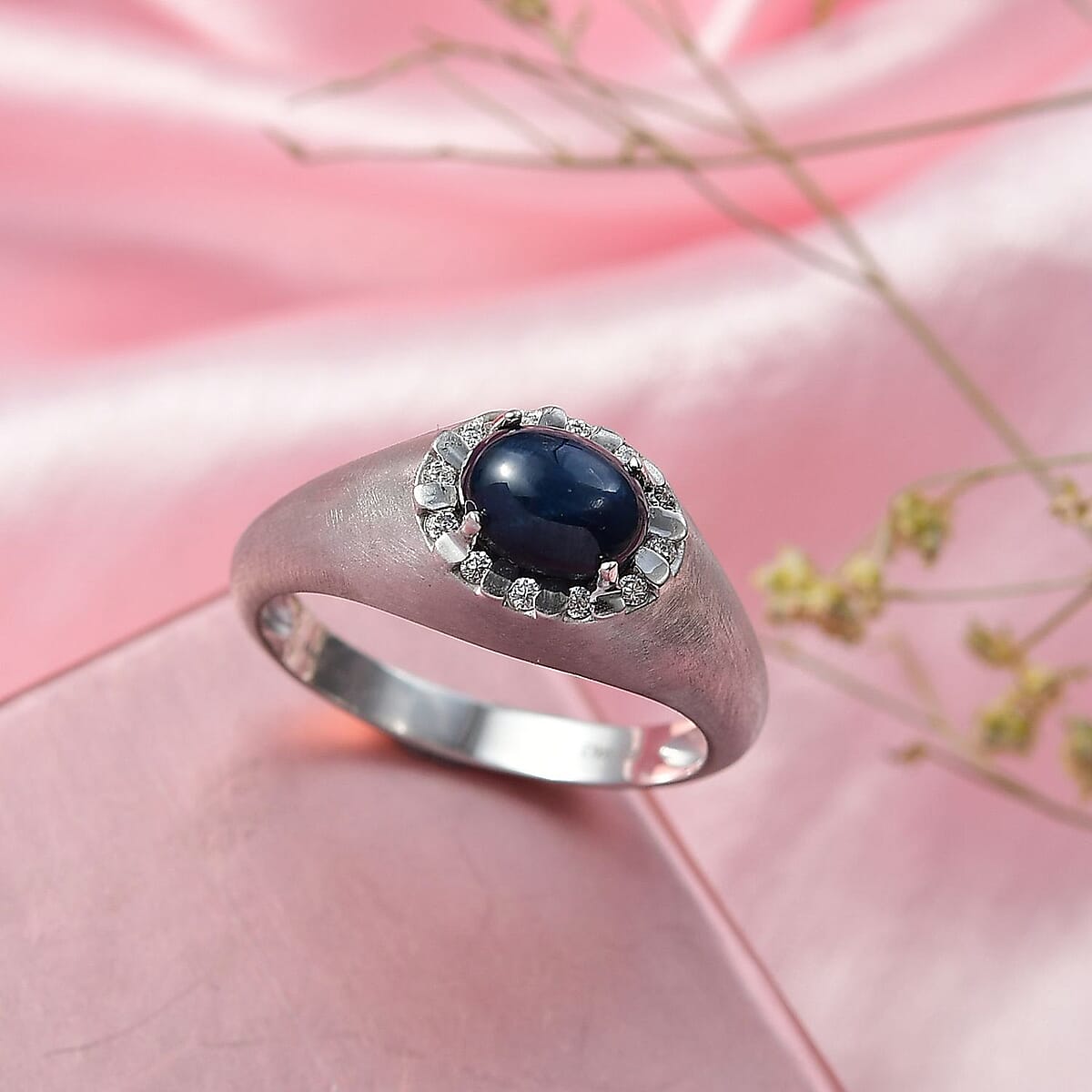 Doorbuster D'Joy Premium Blue Star Sapphire (DF) and Moissanite 2.60 ctw Men's Ring in Rhodium Over Sterling Silver (Size 10.0) image number 1