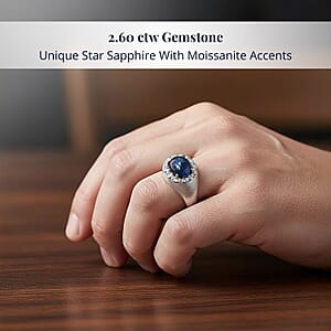 Doorbuster D'Joy Premium Blue Star Sapphire (DF) and Moissanite 2.60 ctw Men's Ring in Rhodium Over Sterling Silver (Size 10.0)