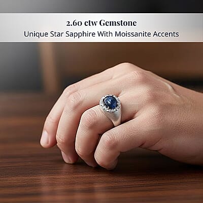 D'Joy Premium Blue Star Sapphire (DF) and Moissanite 2.60 ctw Men's Ring in Rhodium Over Sterling Silver (Size 10.0)