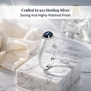 Doorbuster D'Joy Premium Blue Star Sapphire (DF) and Moissanite 2.60 ctw Men's Ring in Rhodium Over Sterling Silver (Size 10.0)