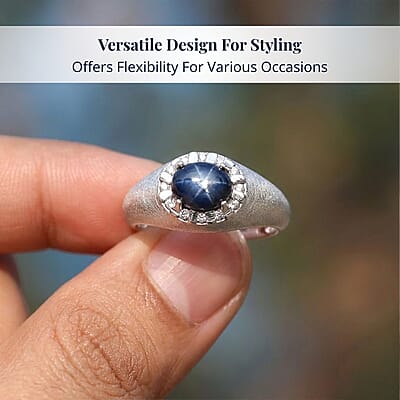 D'Joy Premium Blue Star Sapphire (DF) and Moissanite 2.60 ctw Men's Ring in Rhodium Over Sterling Silver (Size 10.0)