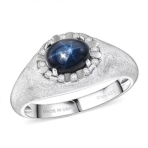  D'Joy Premium Blue Star Sapphire (DF) and Moissanite 2.60 ctw Men's Ring in Rhodium Over Sterling Silver (Size 13.0)