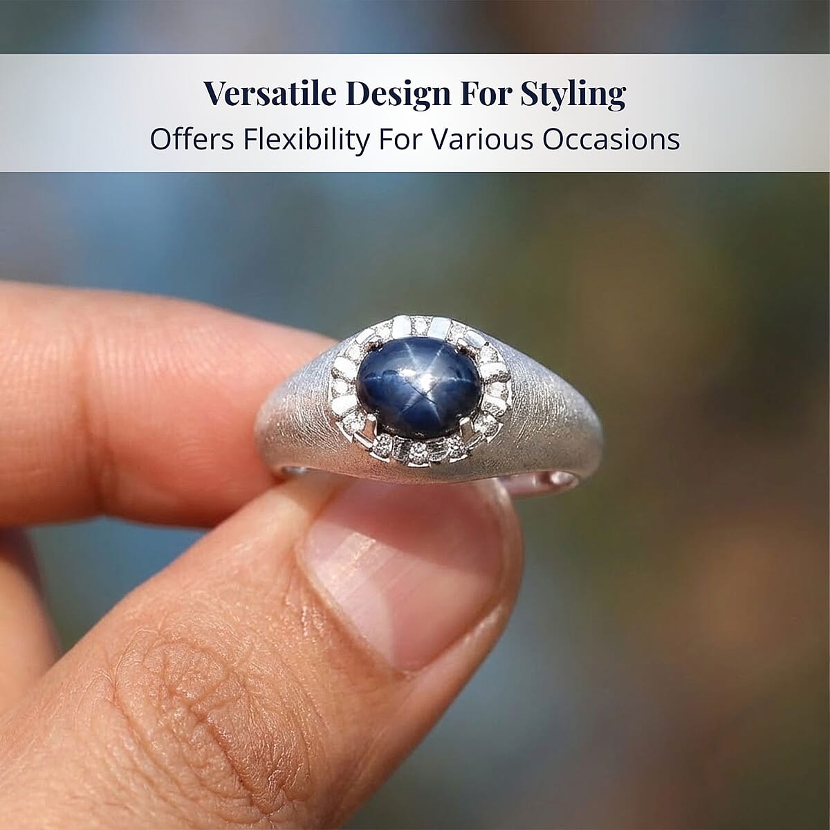  D'Joy Premium Blue Star Sapphire (DF) and Moissanite 2.60 ctw Men's Ring in Rhodium Over Sterling Silver (Size 13.0) image number 4