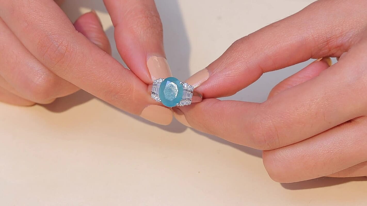 D'Joy Premium Grandidierite, Moissanite Ring in Rhodium Over Sterling Silver (Size 6.0) 4.35 ctw