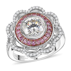 D'Joy 129 Facet Strontium Titanate and Multi Gemstone 4.00 ctw Elegant Floral Ring in Rhodium Over Sterling Silver (Size 10.0)