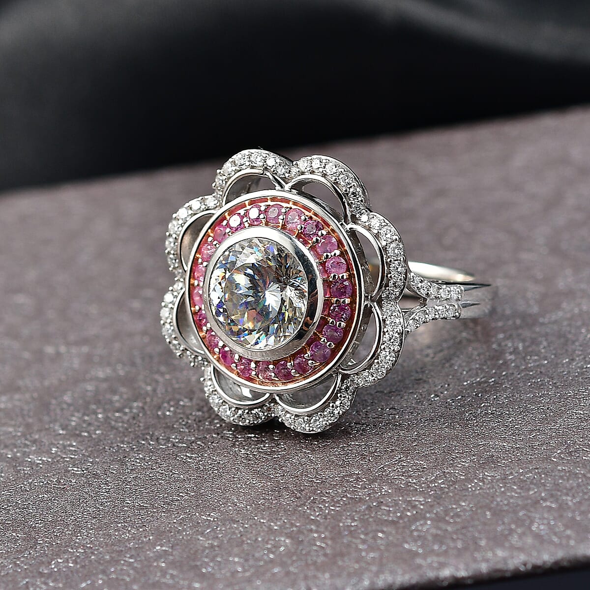 D'Joy 129 Facet Strontium Titanate and Multi Gemstone 4.00 ctw Elegant Floral Ring in Rhodium Over Sterling Silver (Size 10.0) image number 1