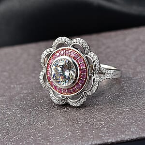 D'Joy 129 Facet Strontium Titanate and Multi Gemstone 4.00 ctw Elegant Floral Ring in Rhodium Over Sterling Silver (Size 10.0)