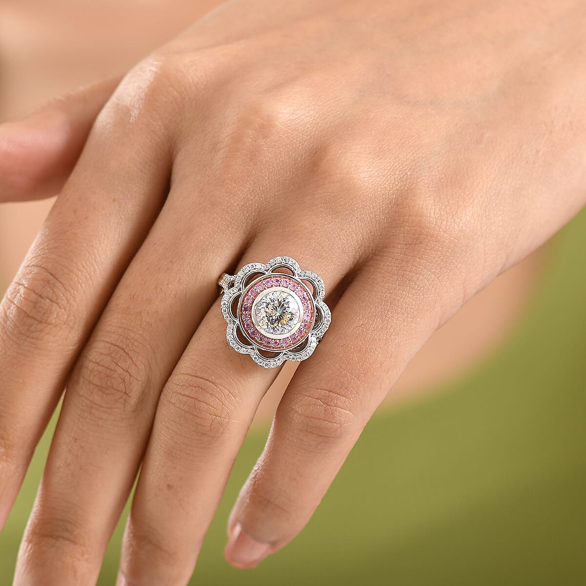 D'Joy 129 Facet Strontium Titanate and Multi Gemstone 4.00 ctw Elegant Floral Ring in Rhodium Over Sterling Silver (Size 10.0) image number 2