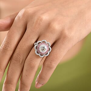 D'Joy 129 Facet Strontium Titanate and Multi Gemstone 4.00 ctw Elegant Floral Ring in Rhodium Over Sterling Silver (Size 10.0)