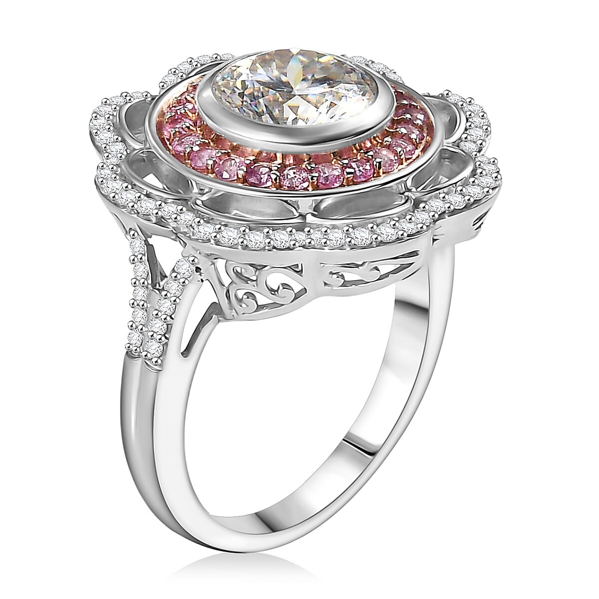 D'Joy 129 Facet Strontium Titanate and Multi Gemstone 4.00 ctw Elegant Floral Ring in Rhodium Over Sterling Silver (Size 10.0) image number 3