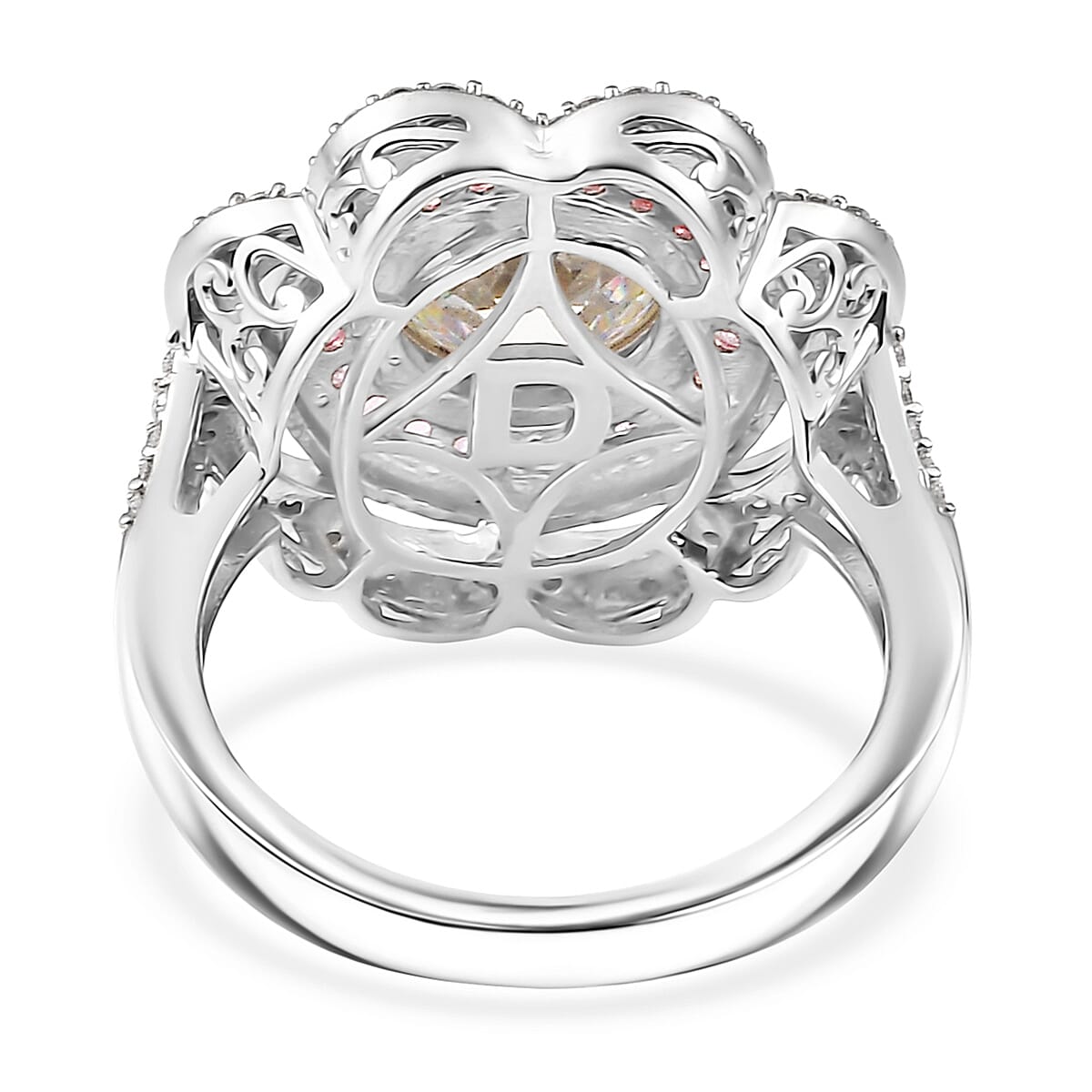 D'Joy 129 Facet Strontium Titanate and Multi Gemstone 4.00 ctw Elegant Floral Ring in Rhodium Over Sterling Silver (Size 10.0) image number 4