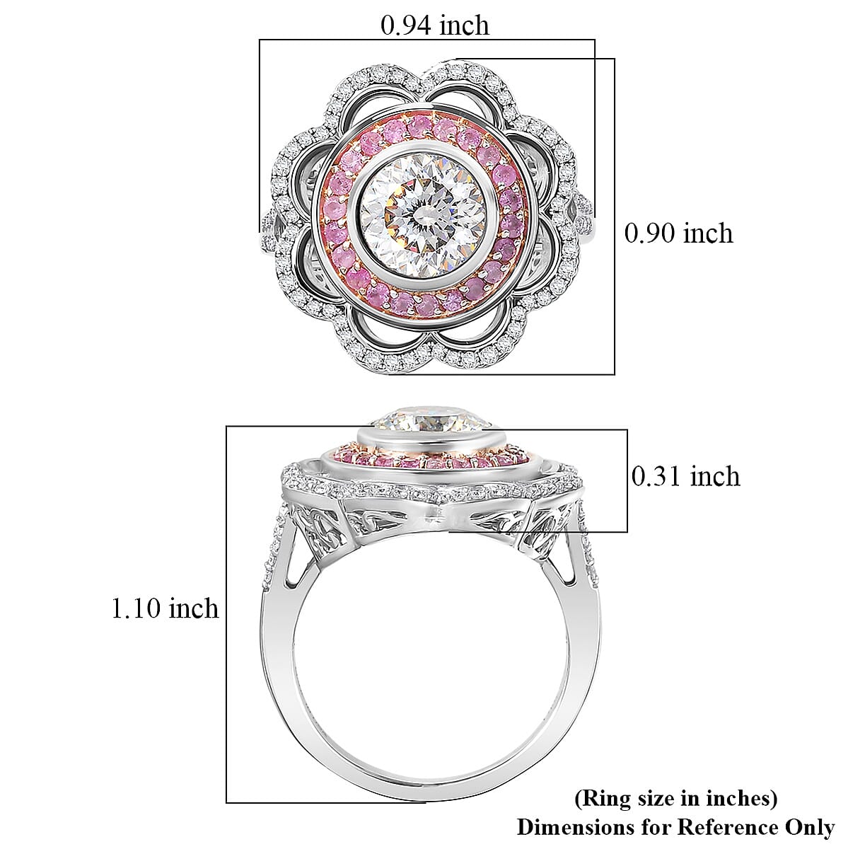 D'Joy 129 Facet Strontium Titanate and Multi Gemstone 4.00 ctw Elegant Floral Ring in Rhodium Over Sterling Silver (Size 10.0) image number 5