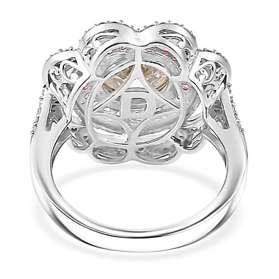 D'Joy 129 Facet Strontium Titanate and Multi Gemstone 4.00 ctw Elegant Floral Ring in Rhodium Over Sterling Silver (Size 6.0)
