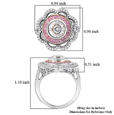 D'Joy 129 Facet Strontium Titanate and Multi Gemstone 4.00 ctw Elegant Floral Ring in Rhodium Over Sterling Silver (Size 7.0)
