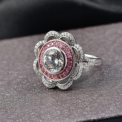 D'Joy 129 Facet Strontium Titanate and Multi Gemstone 4.00 ctw Elegant Floral Ring in Rhodium Over Sterling Silver (Size 9.0)