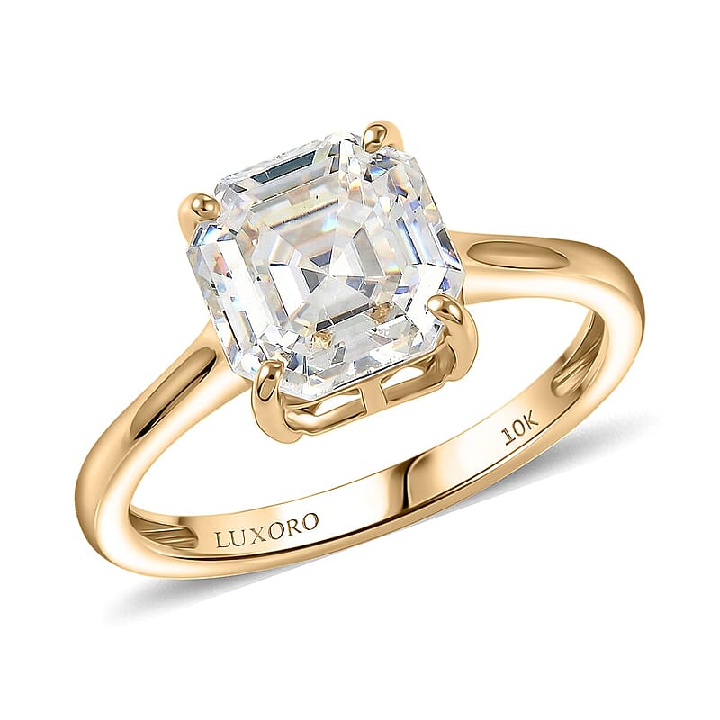 Luxoro Premium Asscher Cut Strontium Titanate 5.40 ctw Golden Prism Ring in 10K Yellow Gold (Size 10.0)