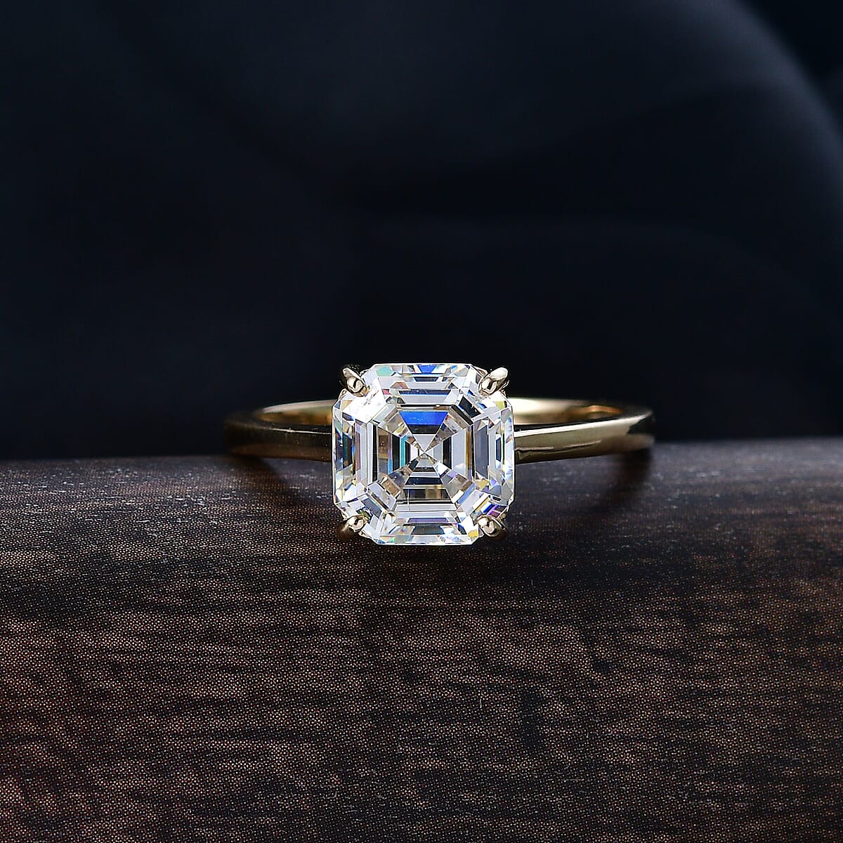 Luxoro Premium Asscher Cut Strontium Titanate 5.40 ctw Golden Prism Ring in 10K Yellow Gold (Size 10.0) image number 1
