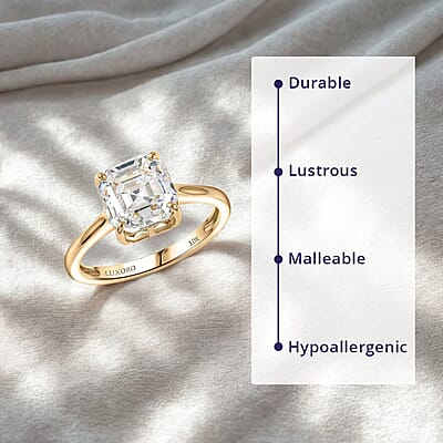 Luxoro Premium Asscher Cut Strontium Titanate 5.40 ctw Golden Prism Ring in 10K Yellow Gold (Size 10.0)
