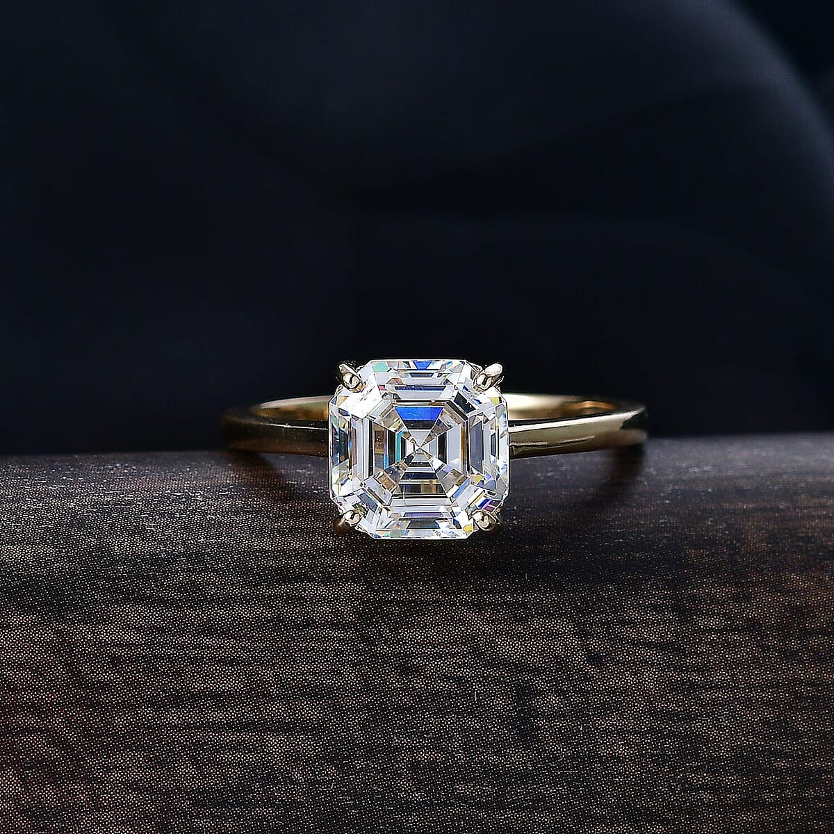 Luxoro Premium Asscher Cut Strontium Titanate 5.40 ctw Golden Prism Ring in 10K Yellow Gold (Size 7.5) image number 1