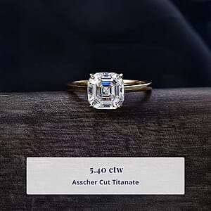 Luxoro Premium Asscher Cut Strontium Titanate 5.40 ctw Golden Prism Ring in 10K Yellow Gold (Size 7.5)