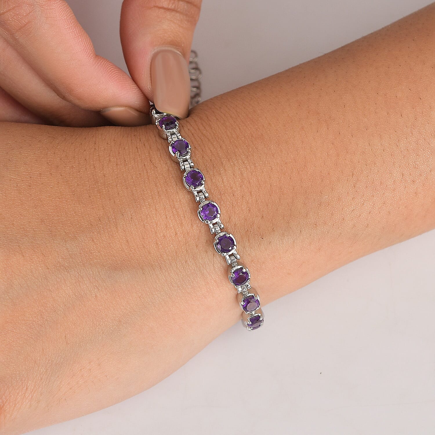 EverTrue African Amethyst 4.90 ctw Cluster Bracelet in Stainless Steel (6.50-8.00In)