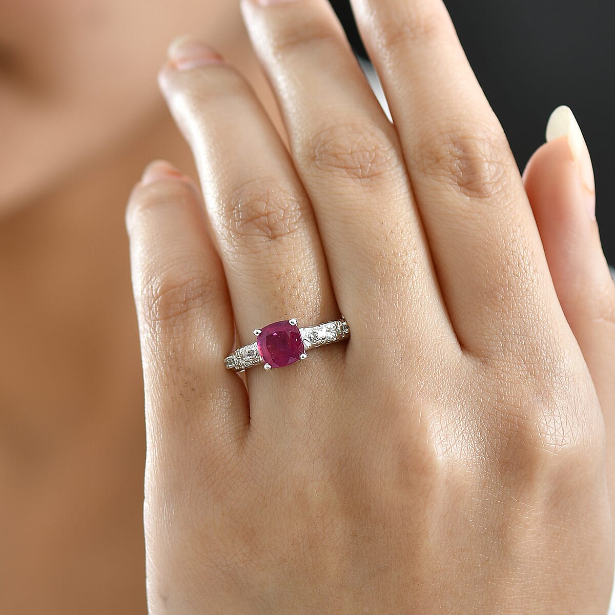 D'Joy Niassa Ruby (FF) and White Zircon 2.50 ctw Ring in Platinum Over Sterling Silver (Size 7.0) image number 2