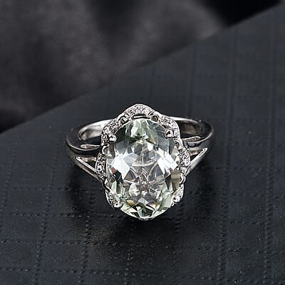 D'Joy Montezuma Prasiolite and White Zircon 6.10 ctw Ring in Platinum Over Sterling Silver (Size 8.0)
