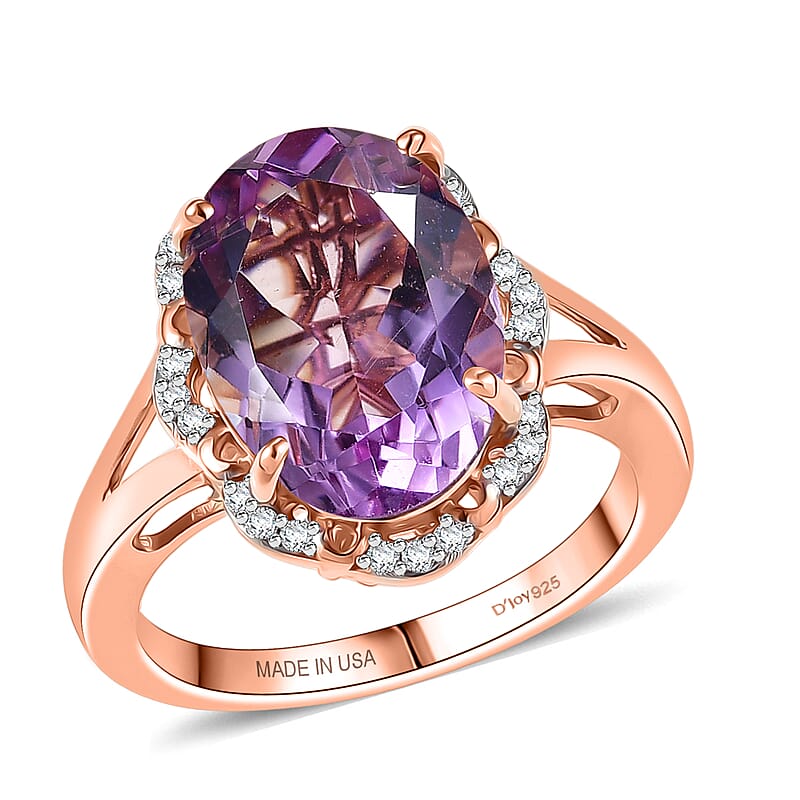 D'Joy Rose De France Amethyst, White Zircon Ring in 18K Vermeil RG Over Sterling Silver 6.10 ctw (Size 7.0)