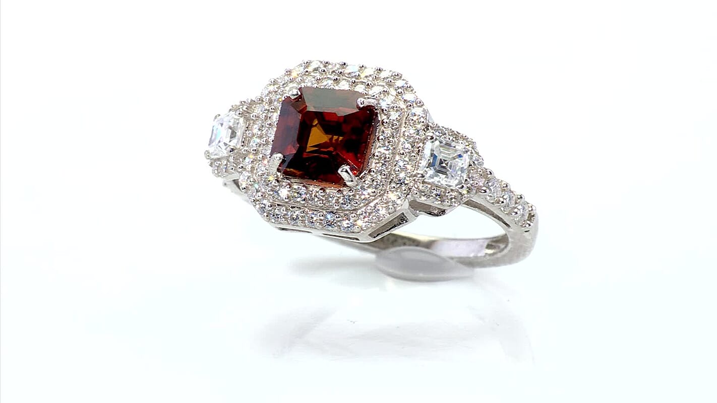 D'Joy Premium Red Zircon, Moissanite Ring in Rhodium Over Sterling Silver (Size 10.0) 2.90 ctw