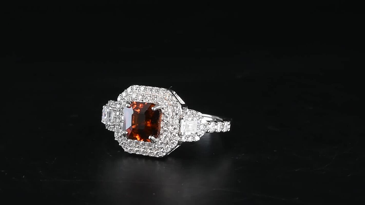 D'Joy Premium Red Zircon, Moissanite Ring in Rhodium Over Sterling Silver (Size 10.0) 2.90 ctw