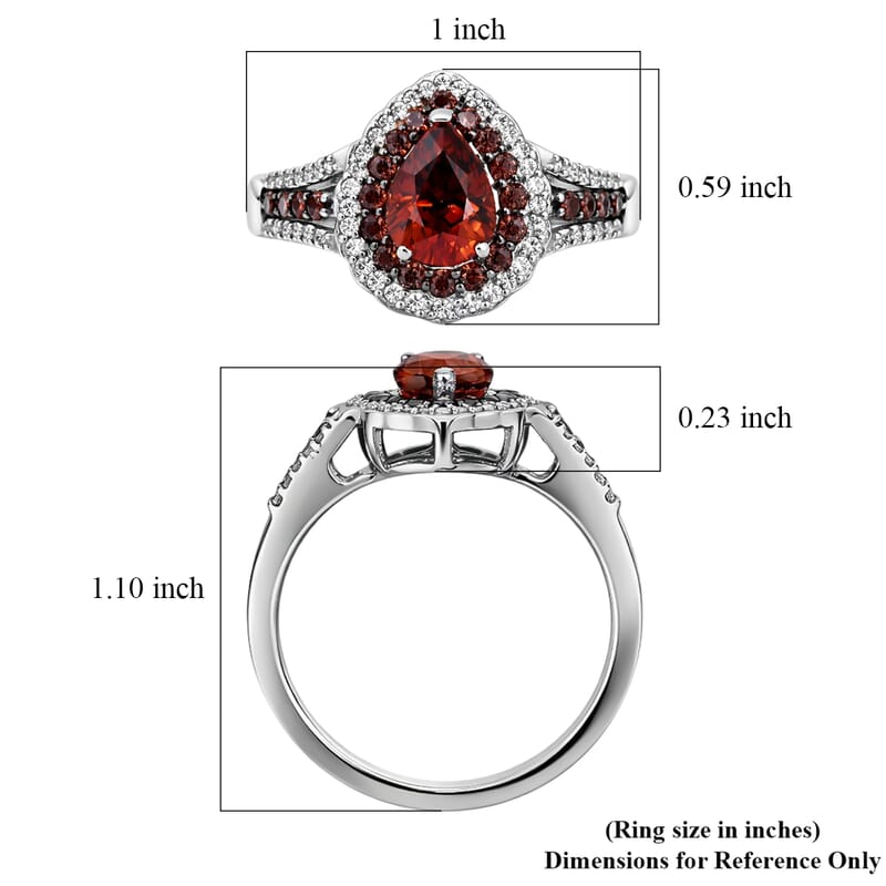 D'Joy Premium Red Zircon, Chocolate and White Zircon 3.40 ctw Flame Crest Ring in Rhodium Over Sterling Silver (Size 6.0)