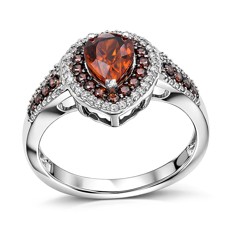 D'Joy Premium Red Zircon, Chocolate and White Zircon 3.40 ctw Flame Crest Ring in Rhodium Over Sterling Silver (Size 8.0)